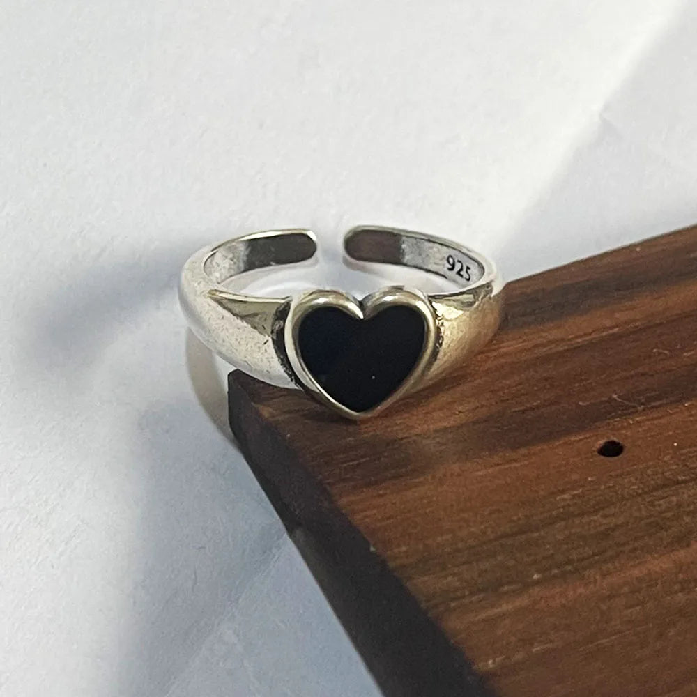 925 Sterling Silver Finger Black Heart Ring
